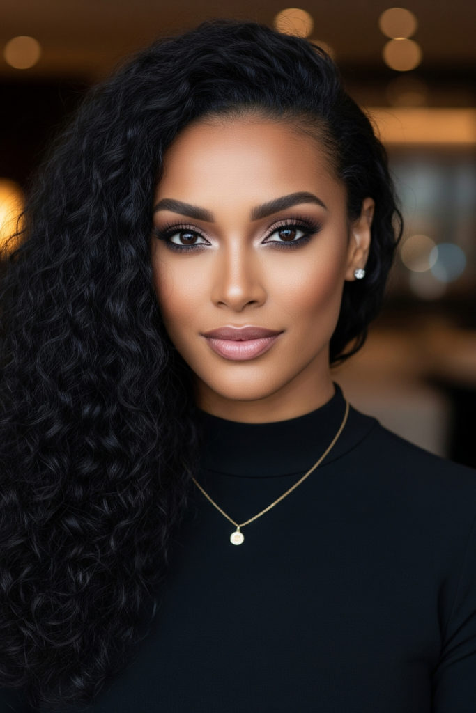a woman with dark skin and a deep winter complexion
